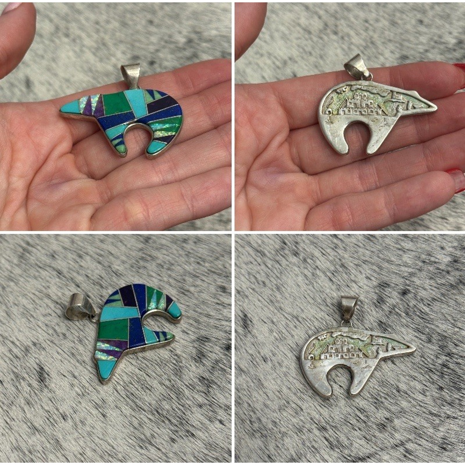 Native Sterling Silver Reversible Bear Inlay Pendant Turquoise Malachite Lapis 189$